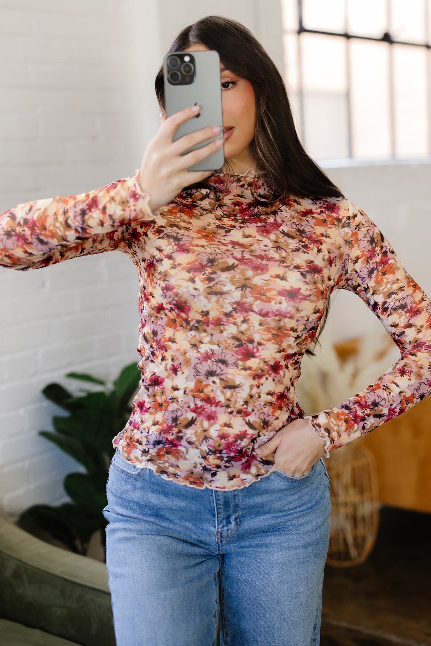 Red Lettuce Trim Floral Print Mesh Long Sleeve Top - Snoopy's Closet