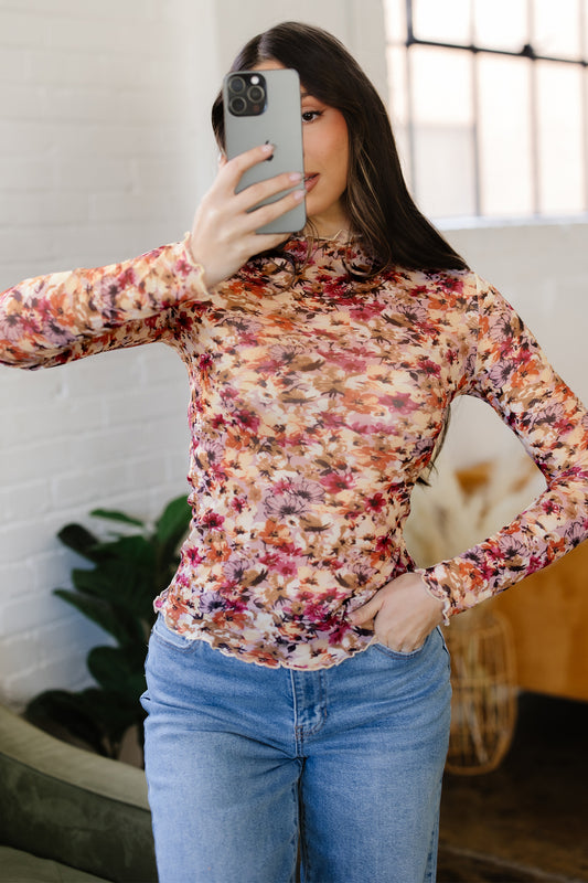 Red Lettuce Trim Floral Print Mesh Long Sleeve Top - Snoopy's Closet