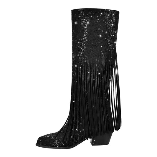 Women Knee High Boots Fringe Western Cowboy Boots Wide Calf  Pointed Toe Block Heel Pull-On Cowgirl  Bootiess
